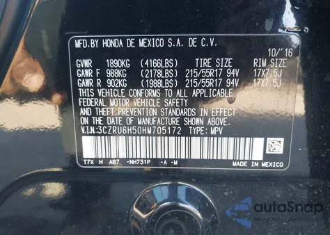 2017 Honda Hr-V Ex из США, поврежденный, VIN 3CZRU6H50HM705172